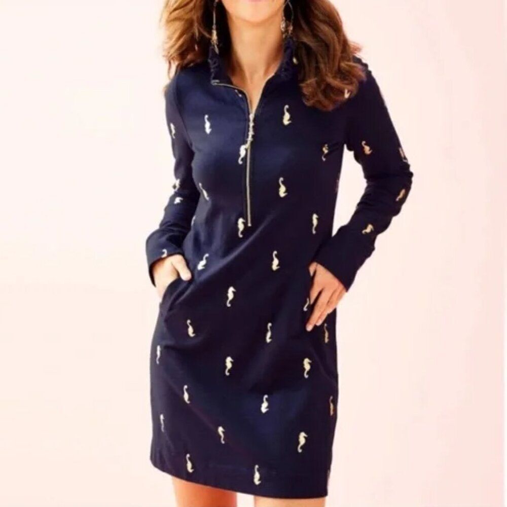 Lilly Pulitzer UPF 50+ Skipper Ruffle Dress Navy & Gold Seahorse Size XS
